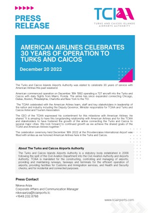 AMERICAN AIRLINES CELEBRATES 30 YEARS OF OPERATION TO TURKS AND CAICOS