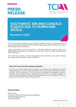 SOUTHWEST AIRLINES CANCELS FLIGHTS DUE TO HURRICANE NICOLE