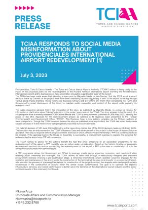 TCIAA RESPONDS TO SOCIAL MEDIA MISINFORMATION ABOUT PROVIDENCIALES INTERNATIONAL AIRPORT REDEVELOPMENT