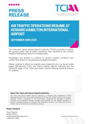 Air Traffic Operations Resume at Howard Hamilton International Airport