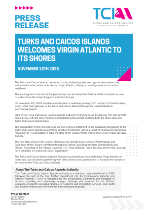 Turks and Caicos Islands Welcomes Virgin Atlantic to its Shores